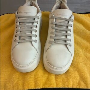 Salvatore Ferragamo Cream Leather Sneakers